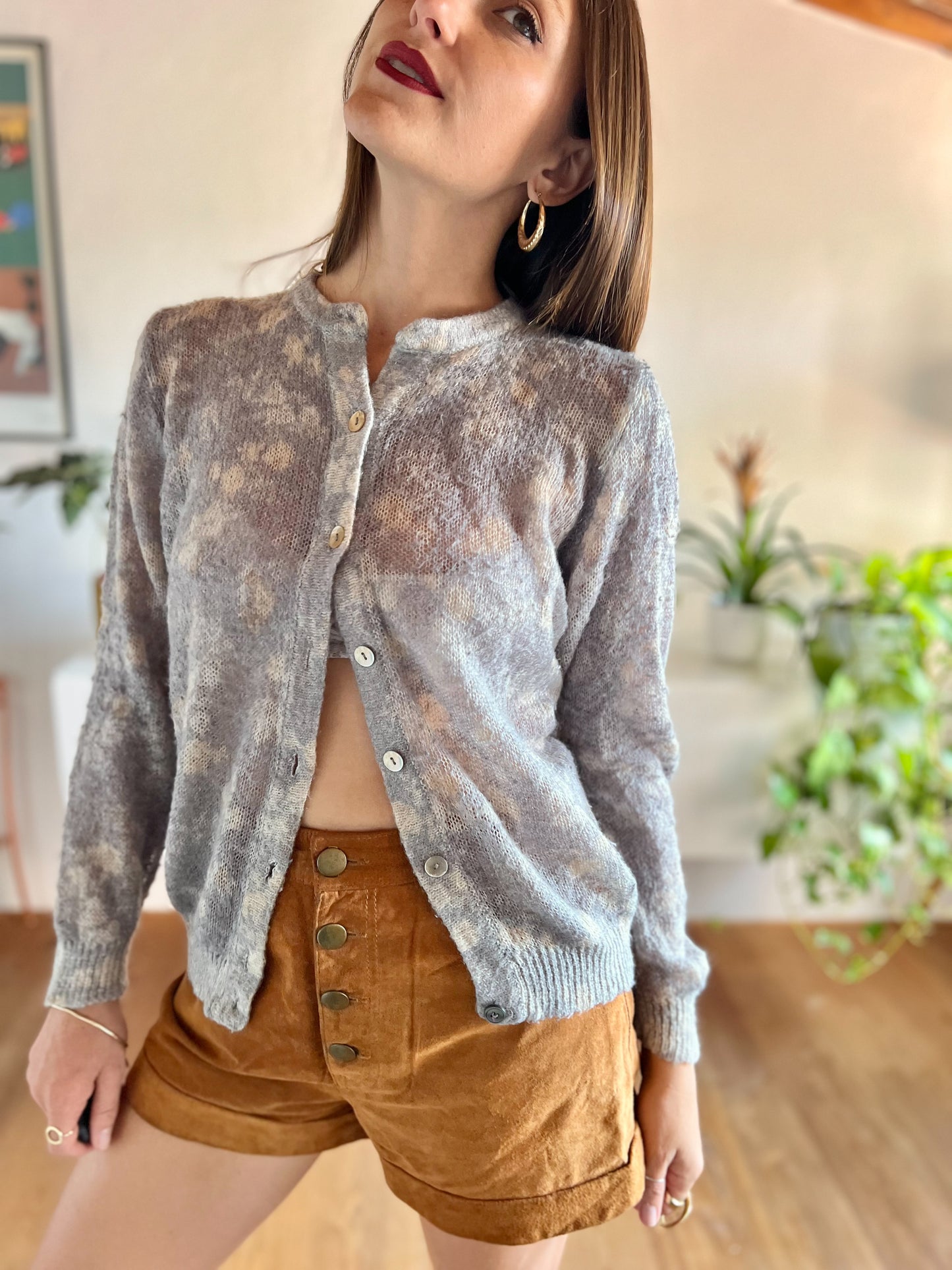 1970's vintage grey and cream floral mohair blend cardigan