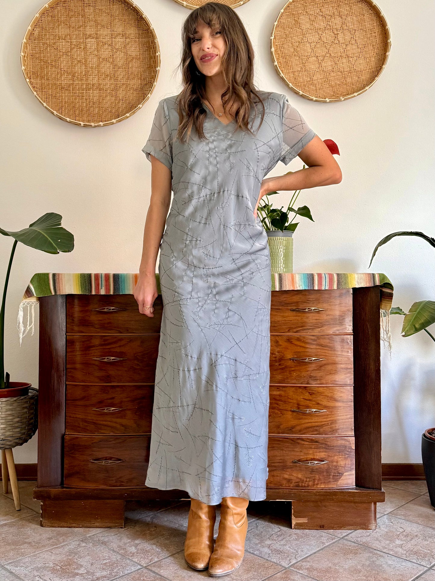 1990's vintage silver textured maxi dress with cherry blossom pattern