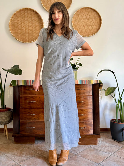 1990's vintage silver textured maxi dress with cherry blossom pattern