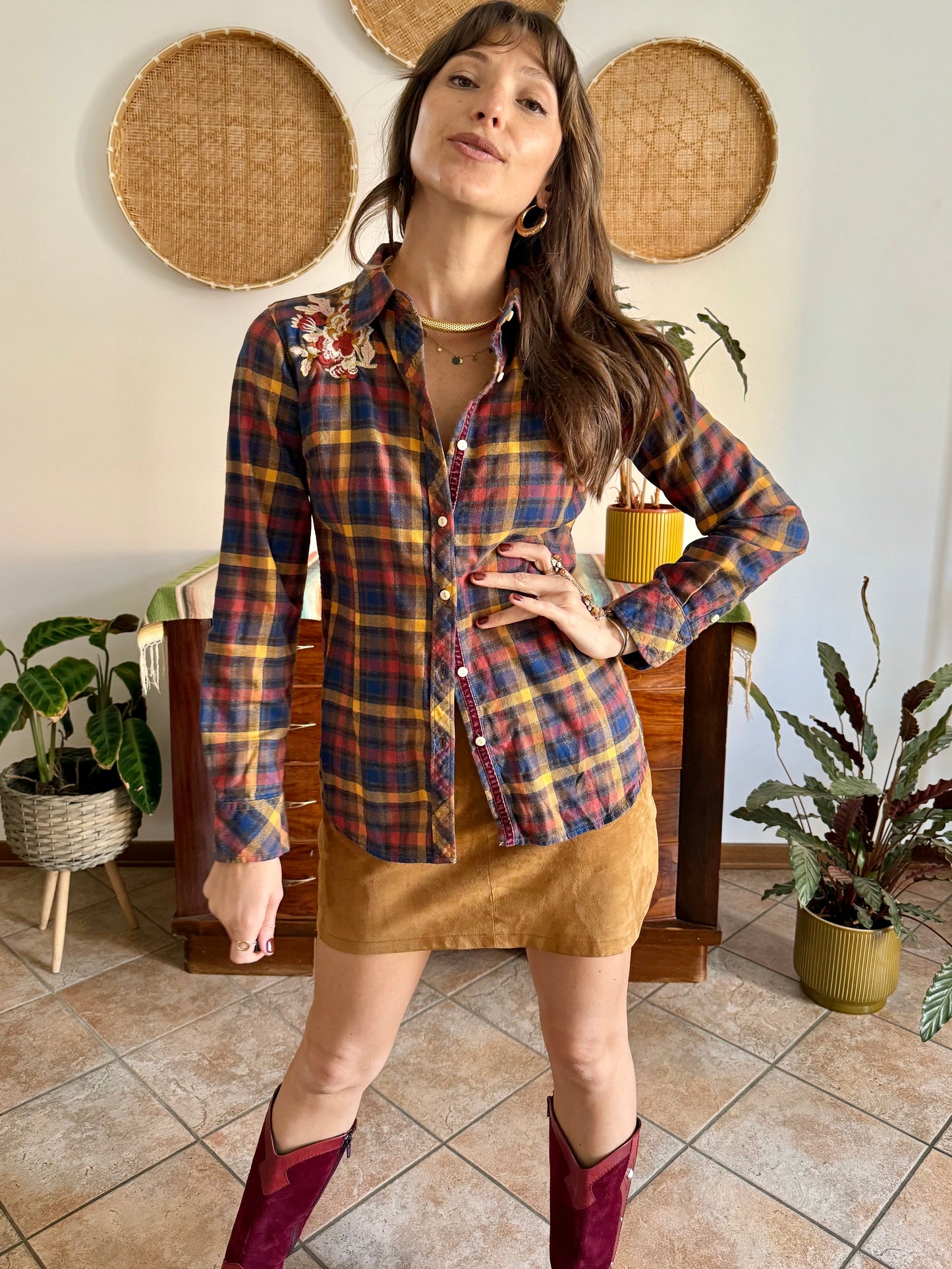 1990's vintage burgundy, orange and navy plaid shirt with floral embroidery