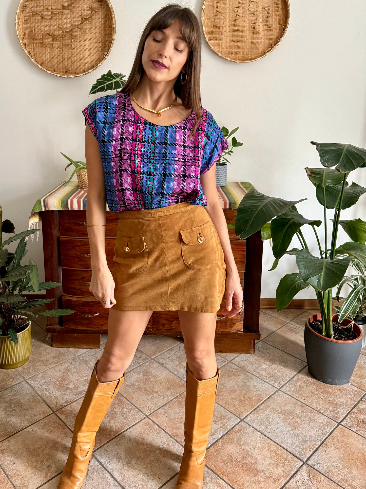 1970's vintage fuchsia, blue and purple silk plaid blouse