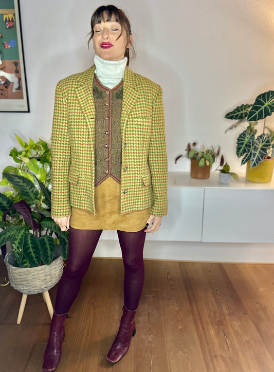1990's vintage green and coral houndstooth wool coat