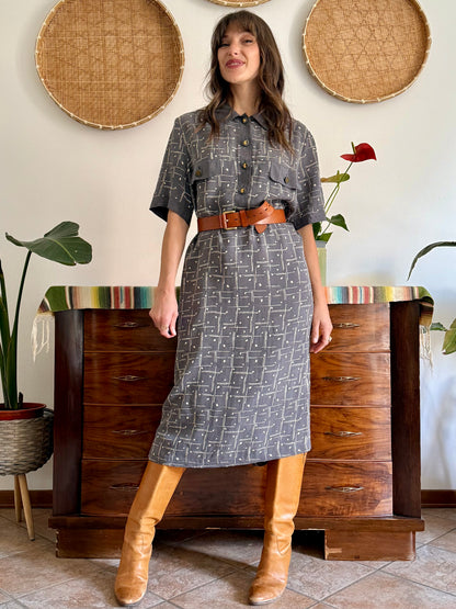 1970's vintage grey and beige abstract print maxi dress