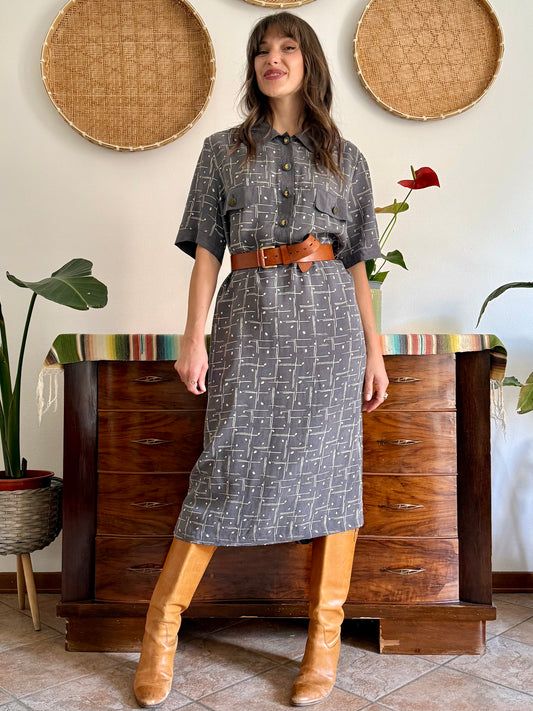 1970's vintage grey and beige abstract print maxi dress