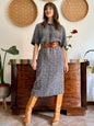 1970's vintage grey and beige abstract print maxi dress