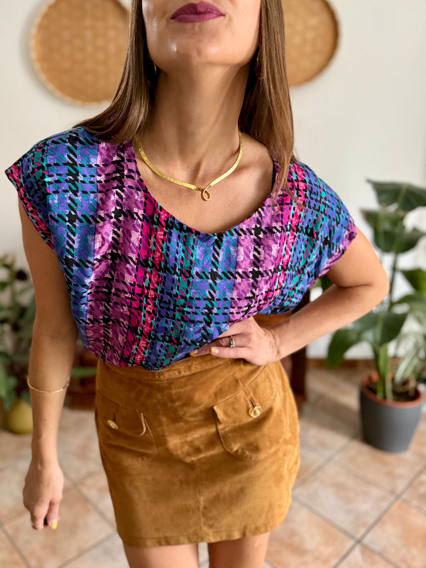 1970's vintage fuchsia, blue and purple silk plaid blouse