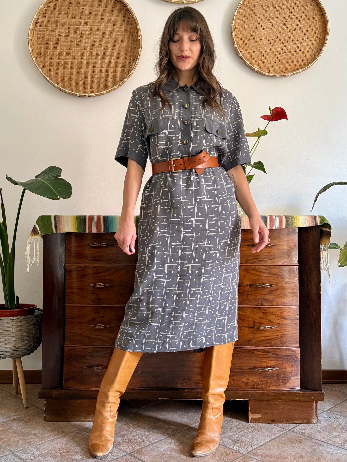 1970's vintage grey and beige abstract print maxi dress