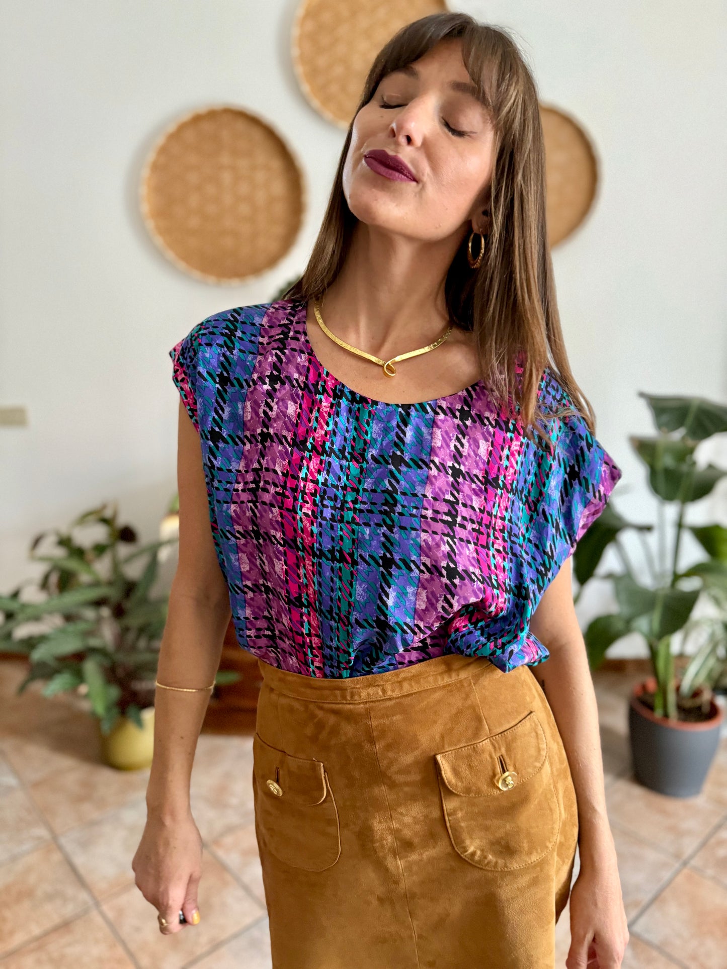 1970's vintage fuchsia, blue and purple silk plaid blouse