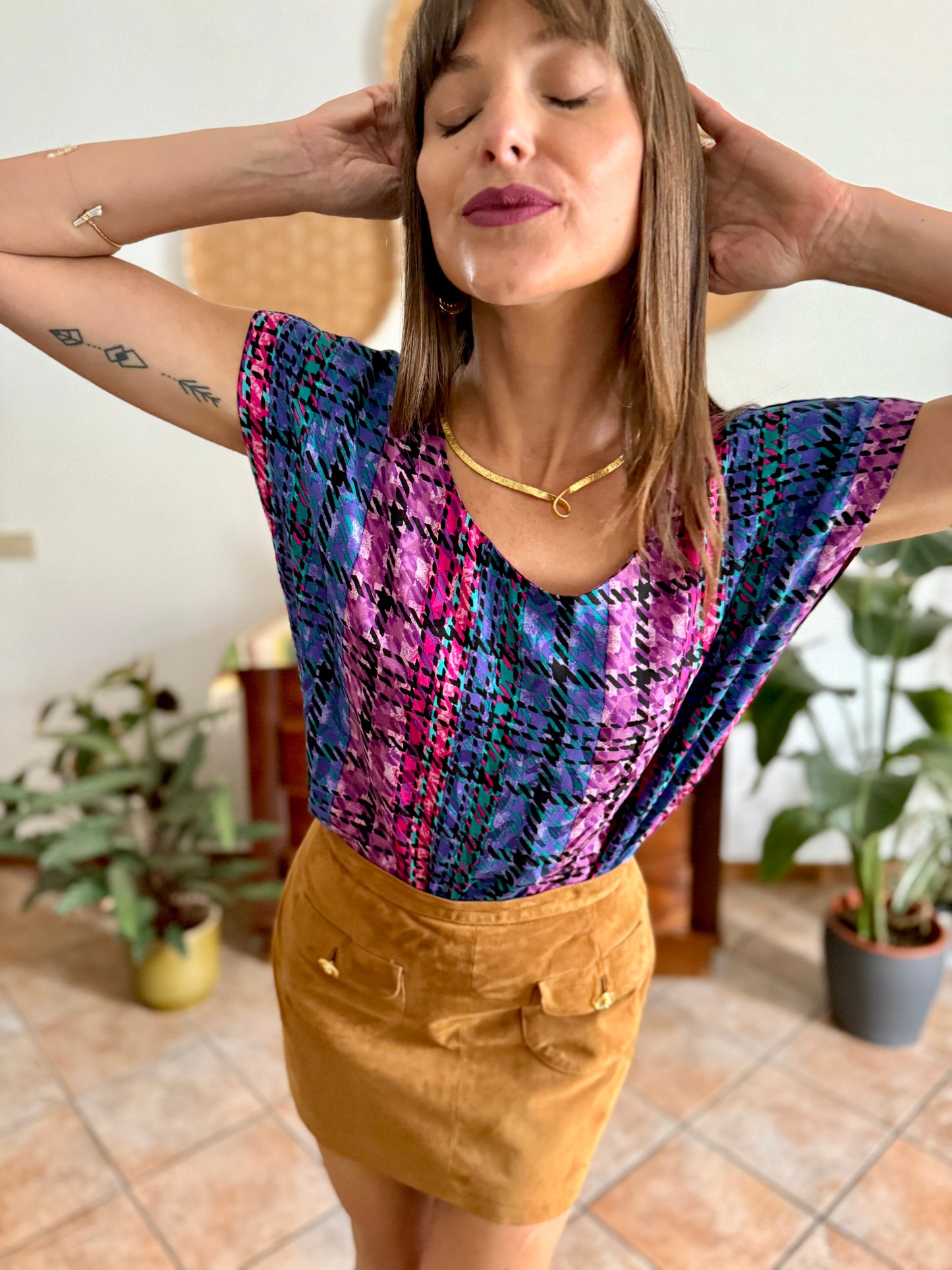1970's vintage fuchsia, blue and purple silk plaid blouse