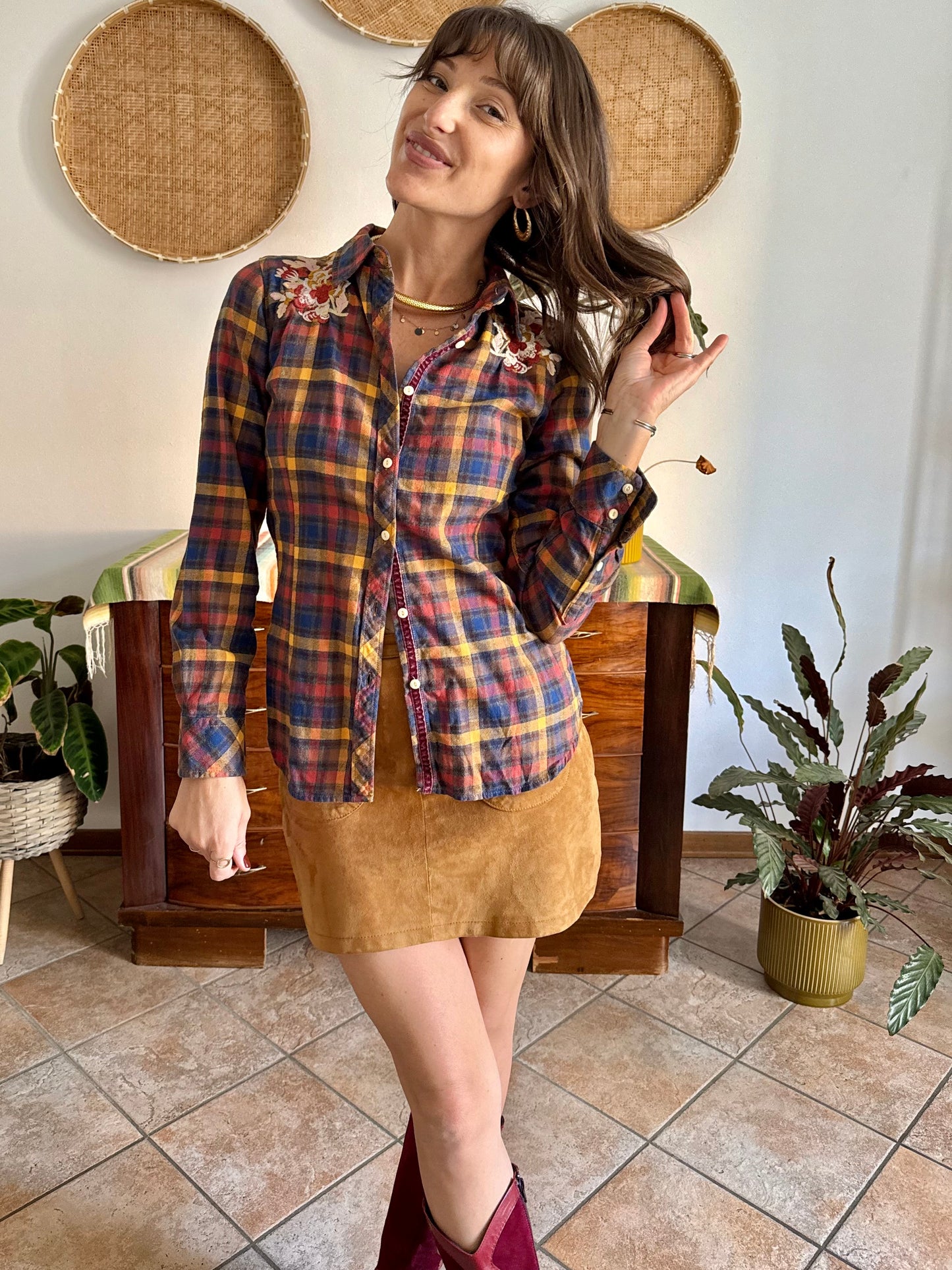 1990's vintage burgundy, orange and navy plaid shirt with floral embroidery