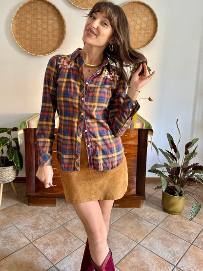 1990's vintage burgundy, orange and navy plaid shirt with floral embroidery
