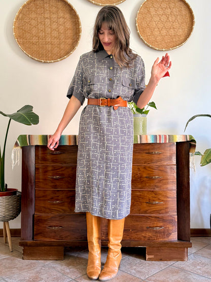 1970's vintage grey and beige abstract print maxi dress