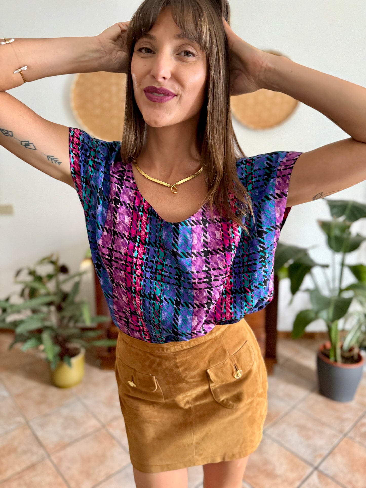 1970's vintage fuchsia, blue and purple silk plaid blouse