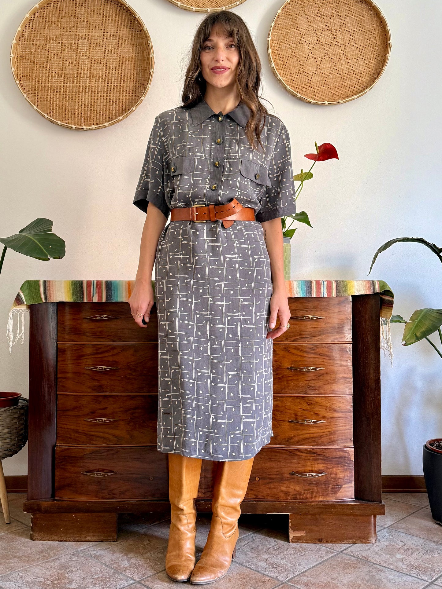 1970's vintage grey and beige abstract print maxi dress