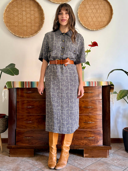 1970's vintage grey and beige abstract print maxi dress