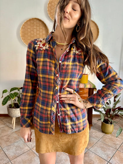 1990's vintage burgundy, orange and navy plaid shirt with floral embroidery