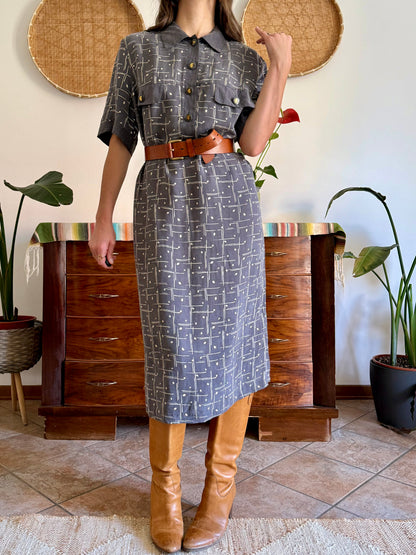 1970's vintage grey and beige abstract print maxi dress