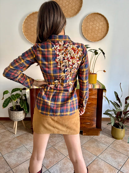 1990's vintage burgundy, orange and navy plaid shirt with floral embroidery