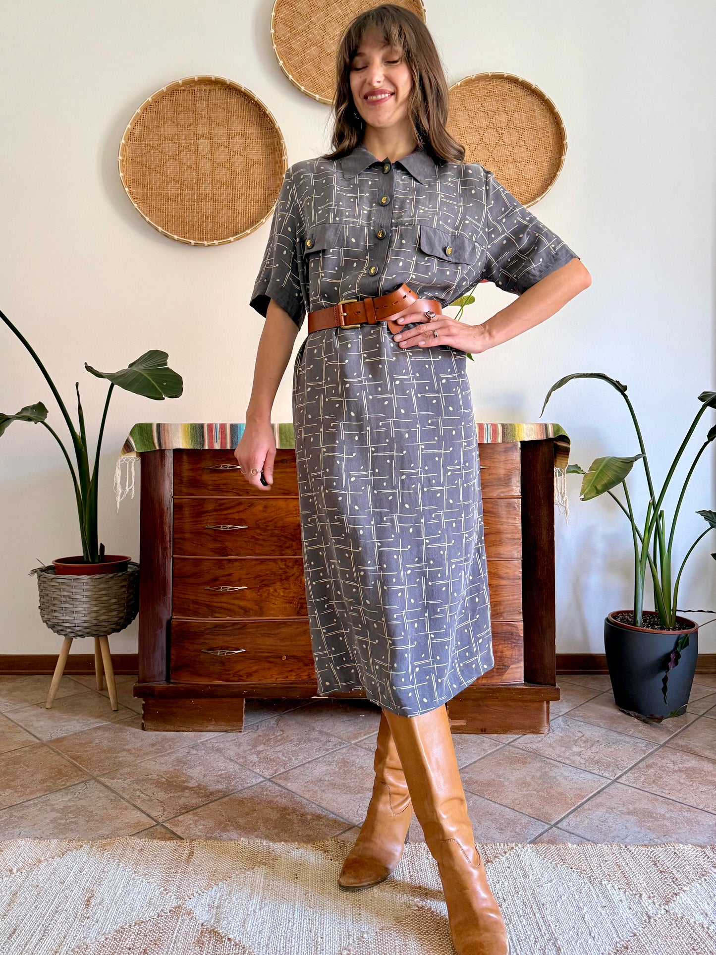 1970's vintage grey and beige abstract print maxi dress