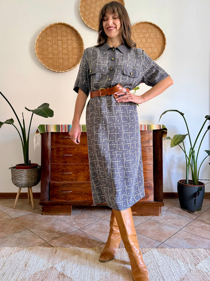 1970's vintage grey and beige abstract print maxi dress