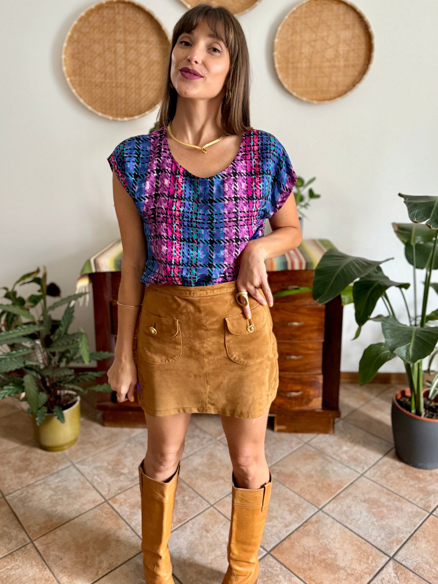 1970's vintage fuchsia, blue and purple silk plaid blouse