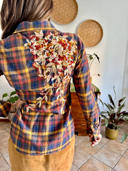 1990's vintage burgundy, orange and navy plaid shirt with floral embroidery