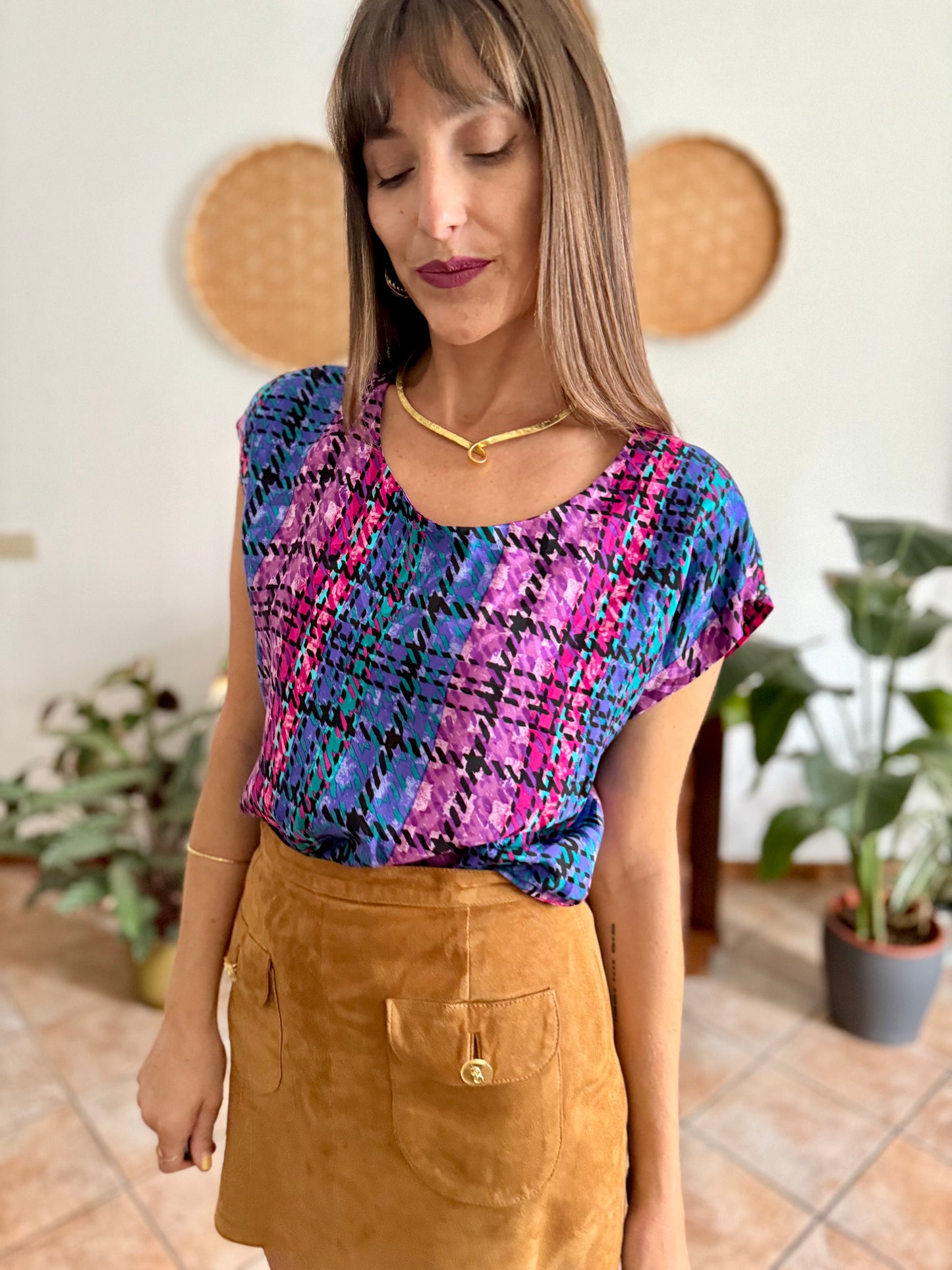 1970's vintage fuchsia, blue and purple silk plaid blouse