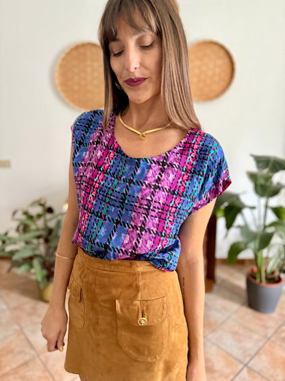 1970's vintage fuchsia, blue and purple silk plaid blouse