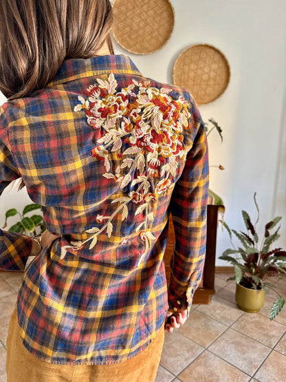 1990's vintage burgundy, orange and navy plaid shirt with floral embroidery