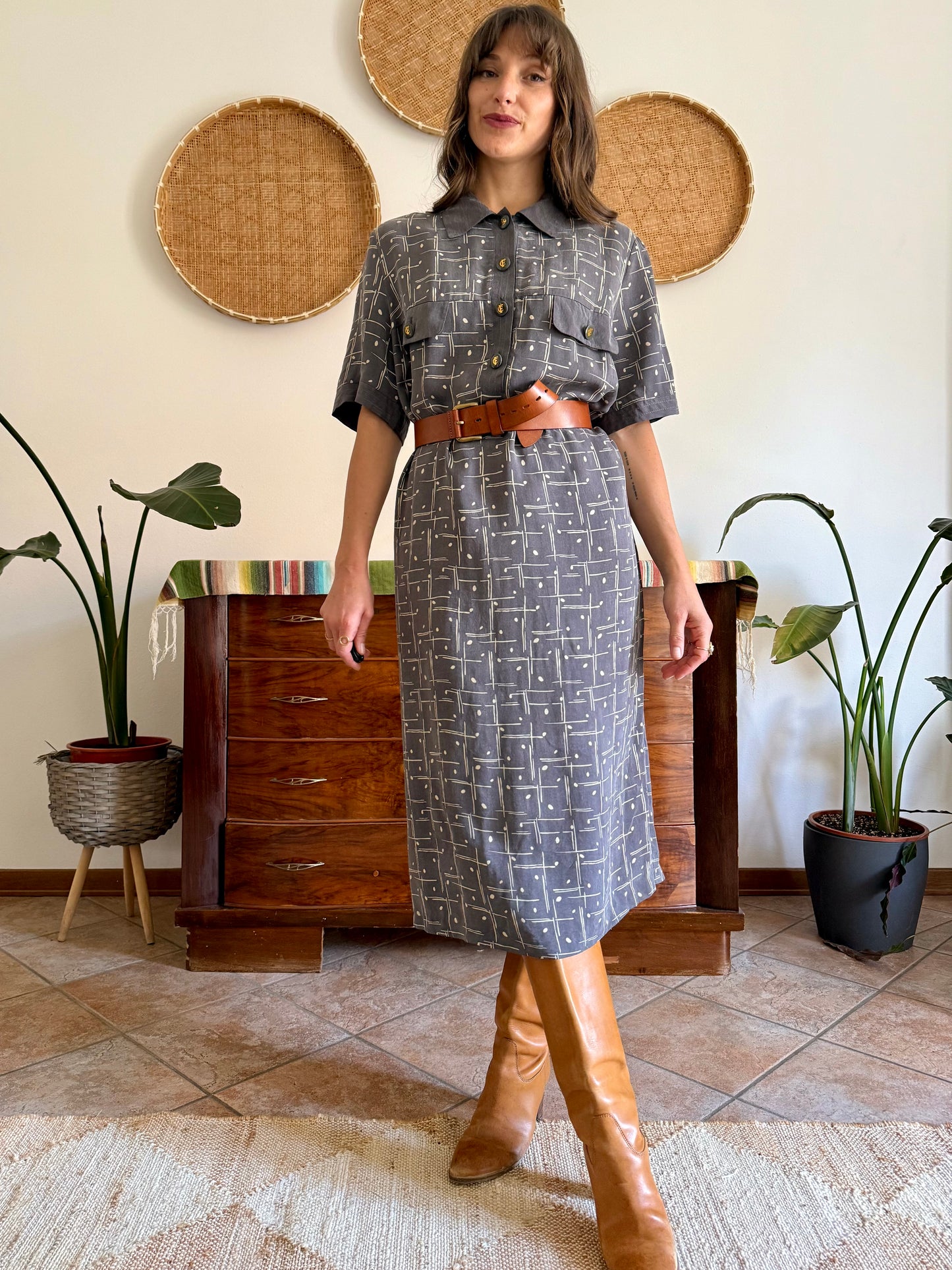 1970's vintage grey and beige abstract print maxi dress