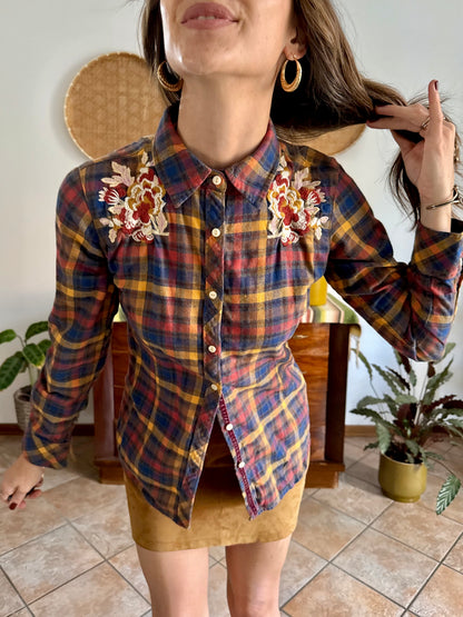1990's vintage burgundy, orange and navy plaid shirt with floral embroidery