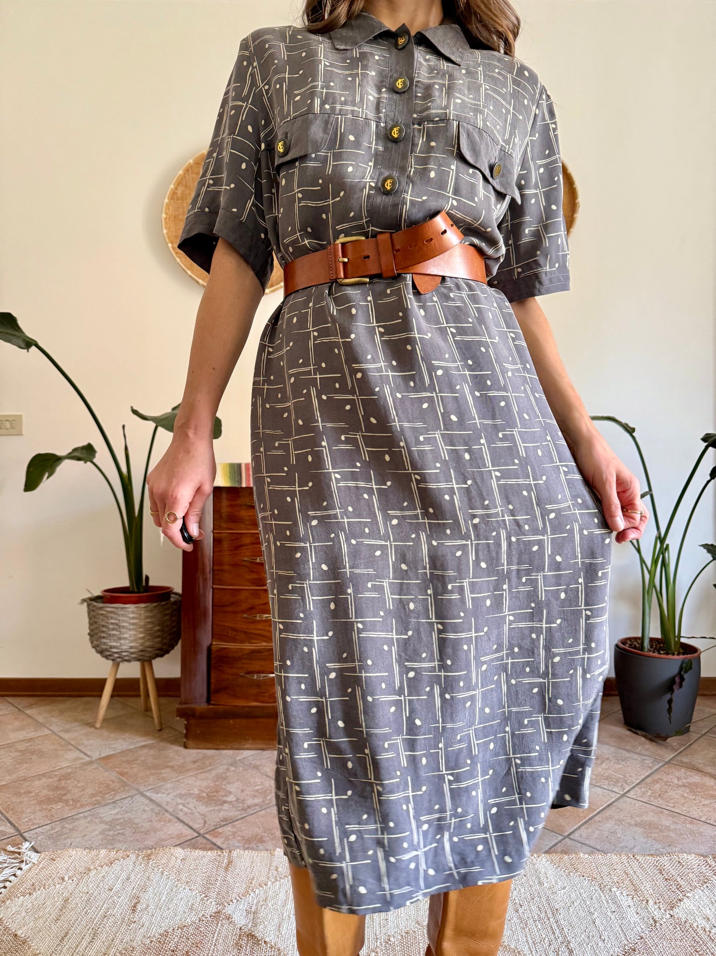 1970's vintage grey and beige abstract print maxi dress