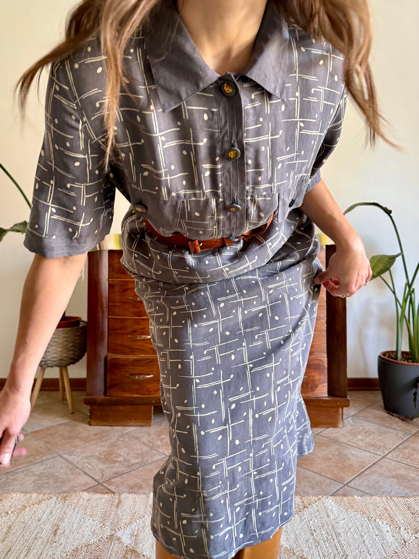 1970's vintage grey and beige abstract print maxi dress
