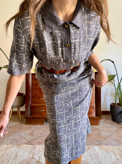 1970's vintage grey and beige abstract print maxi dress