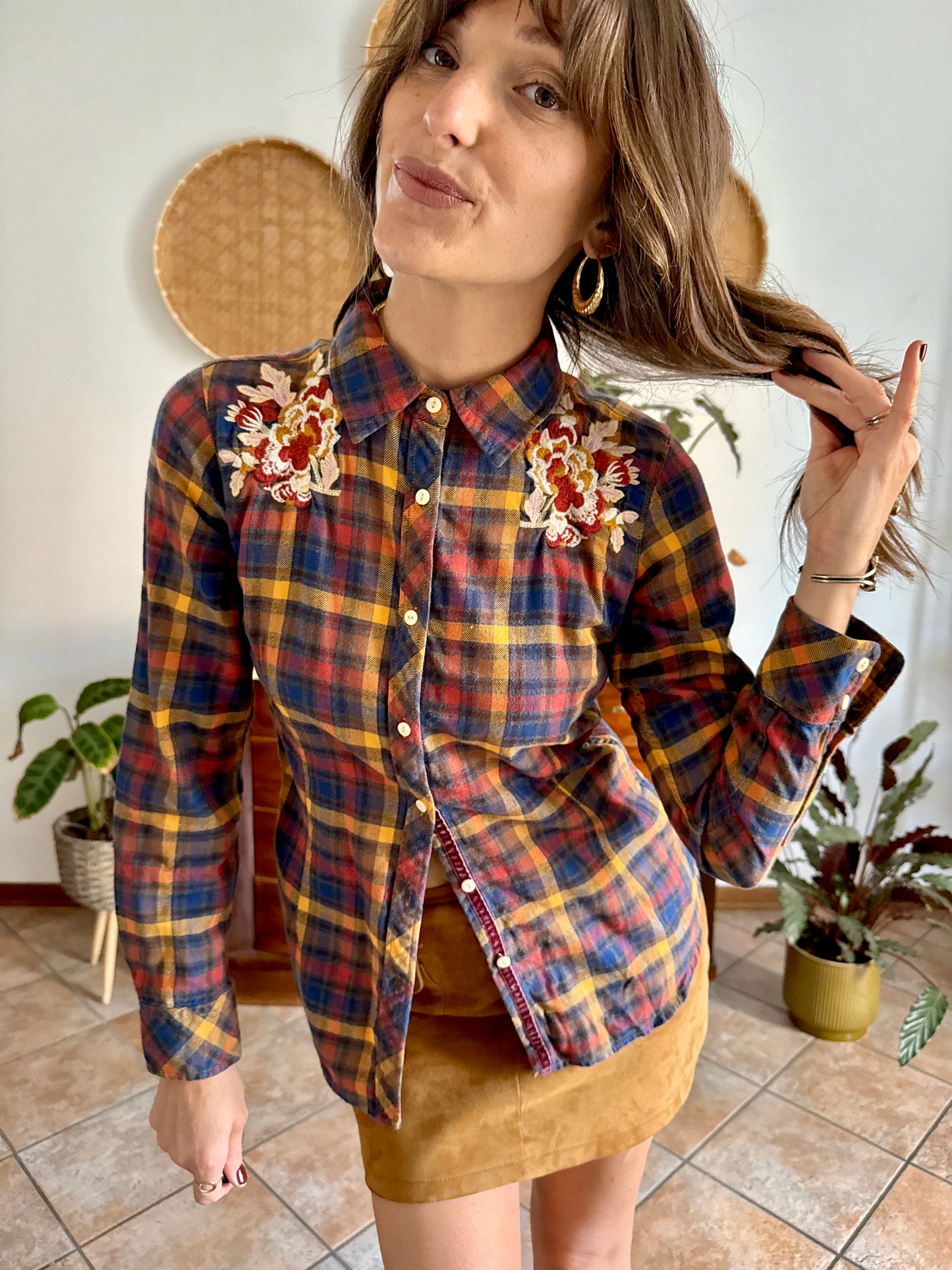 1990's vintage burgundy, orange and navy plaid shirt with floral embroidery