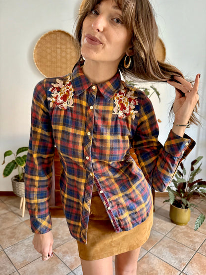 1990's vintage burgundy, orange and navy plaid shirt with floral embroidery