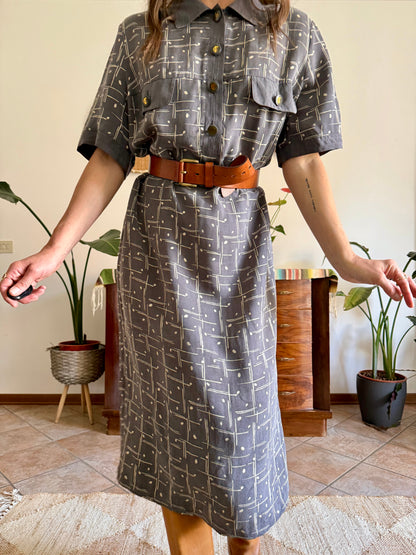 1970's vintage grey and beige abstract print maxi dress