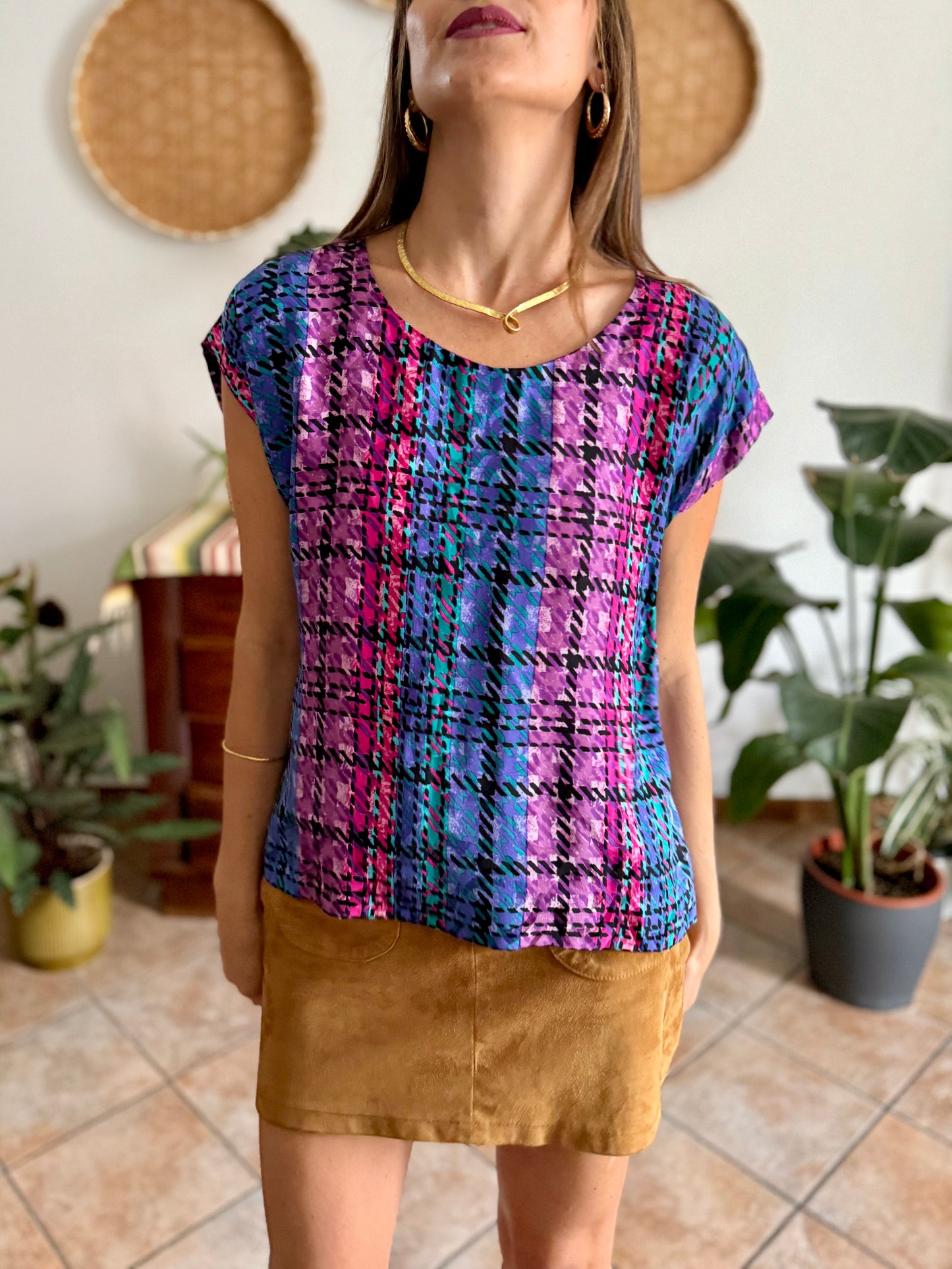1970's vintage fuchsia, blue and purple silk plaid blouse