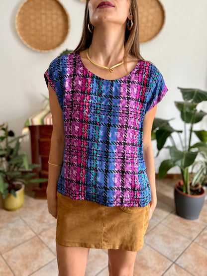 1970's vintage fuchsia, blue and purple silk plaid blouse