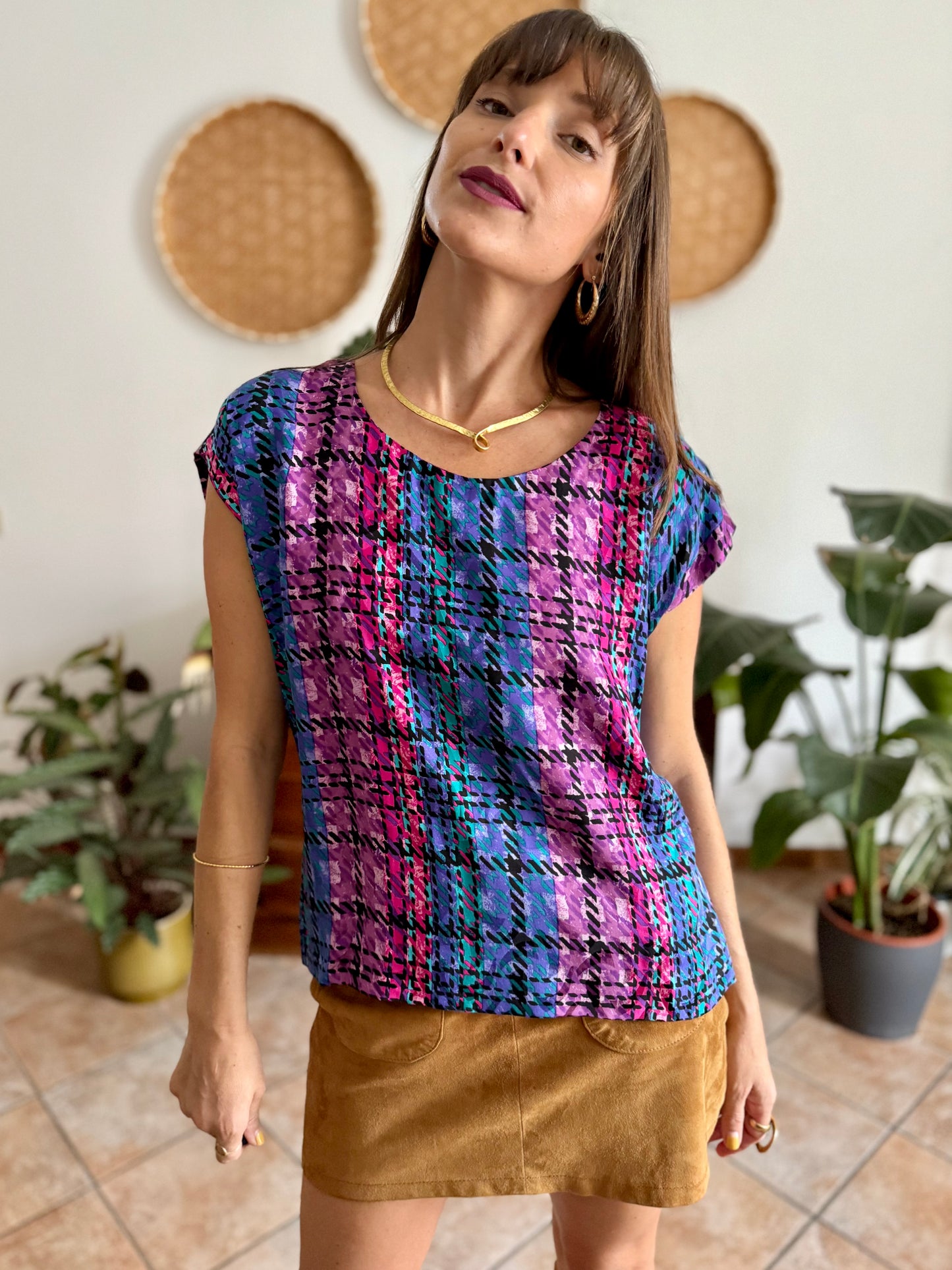 1970's vintage fuchsia, blue and purple silk plaid blouse