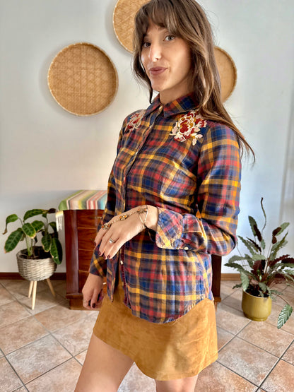 1990's vintage burgundy, orange and navy plaid shirt with floral embroidery