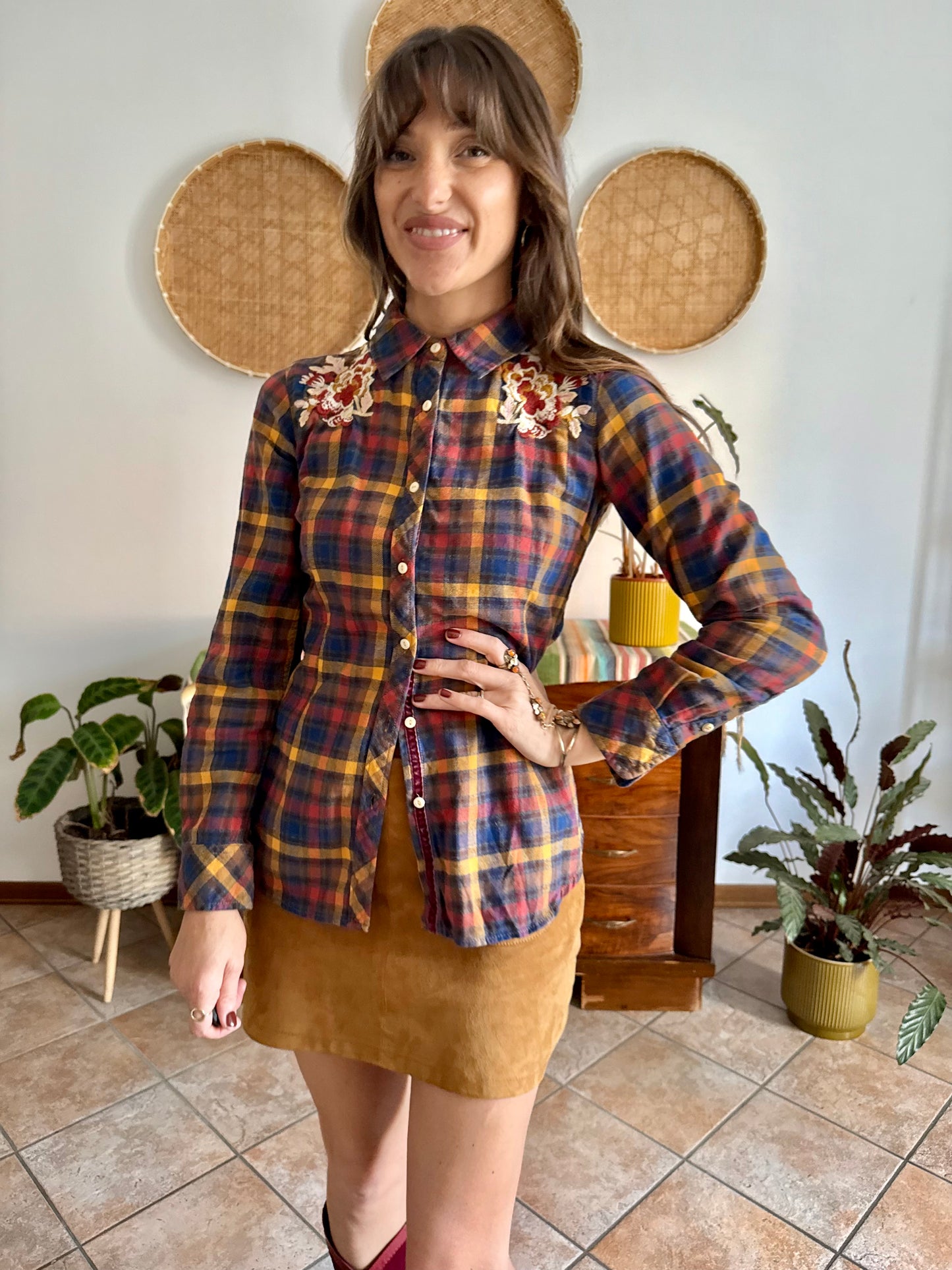 1990's vintage burgundy, orange and navy plaid shirt with floral embroidery