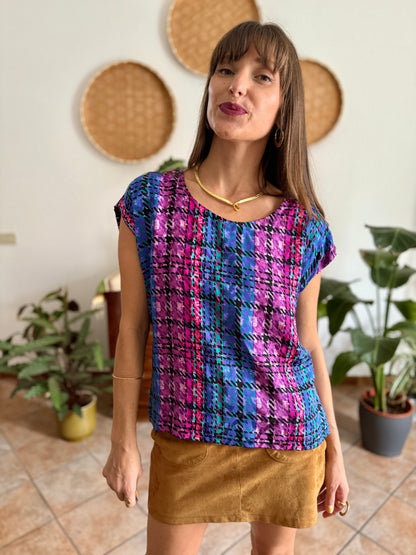 1970's vintage fuchsia, blue and purple silk plaid blouse