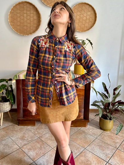 1990's vintage burgundy, orange and navy plaid shirt with floral embroidery