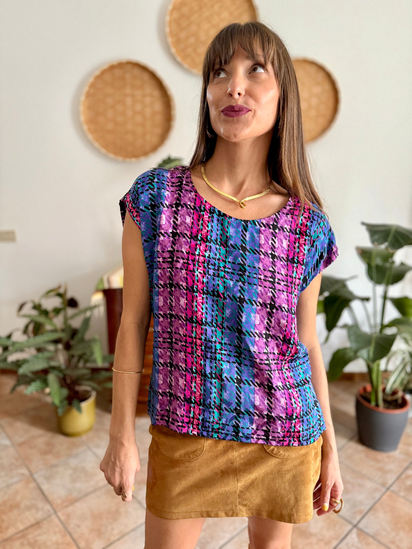 1970's vintage fuchsia, blue and purple silk plaid blouse