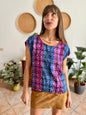 1970's vintage fuchsia, blue and purple silk plaid blouse