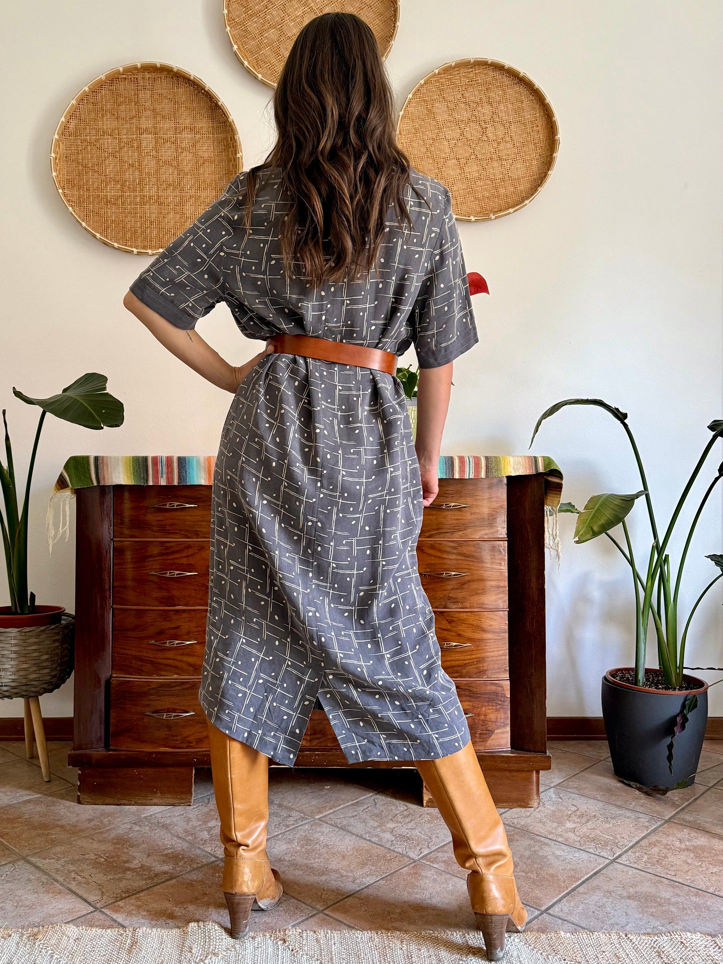 1970's vintage grey and beige abstract print maxi dress