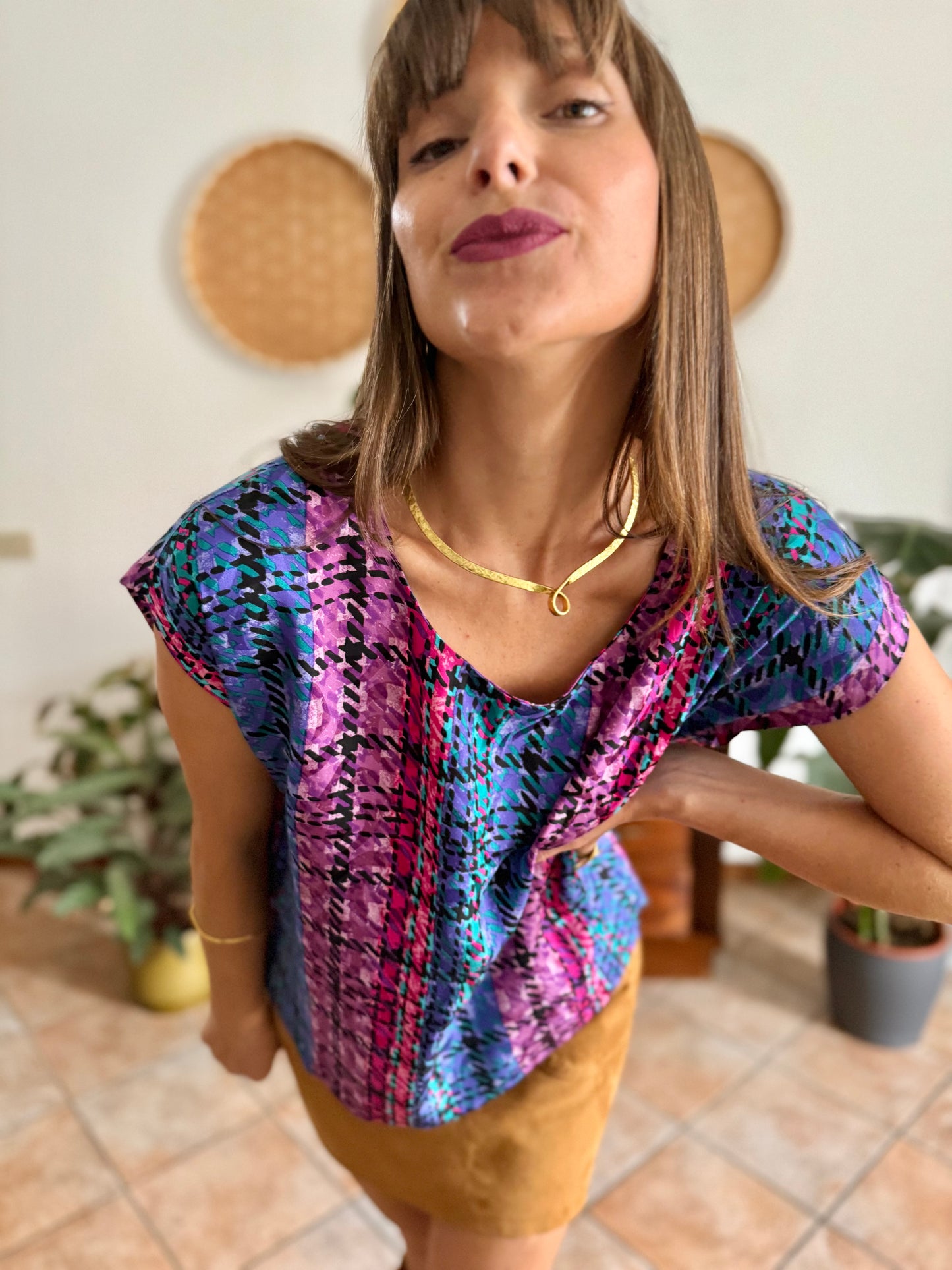 1970's vintage fuchsia, blue and purple silk plaid blouse