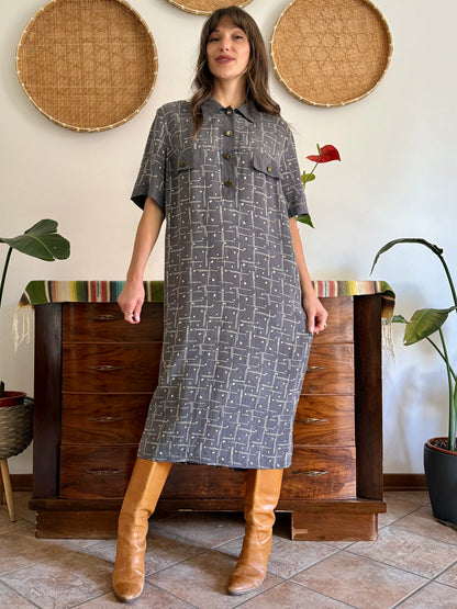 1970's vintage grey and beige abstract print maxi dress