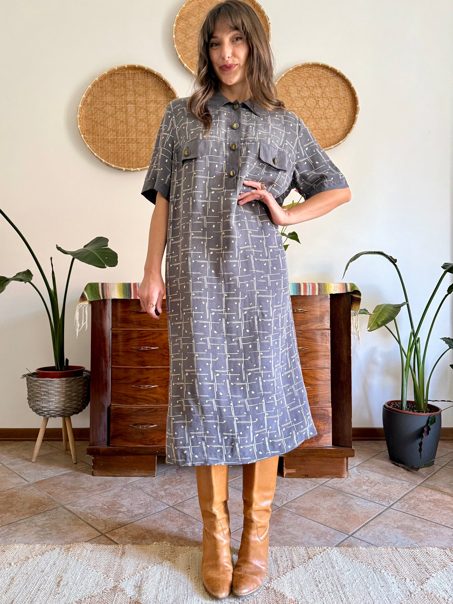 1970's vintage grey and beige abstract print maxi dress